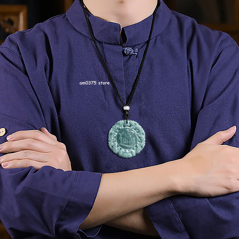 Natural Grade A Jade Jadeite Blue Water Lucky Wealthy Dragon Pixiu Round Pendant