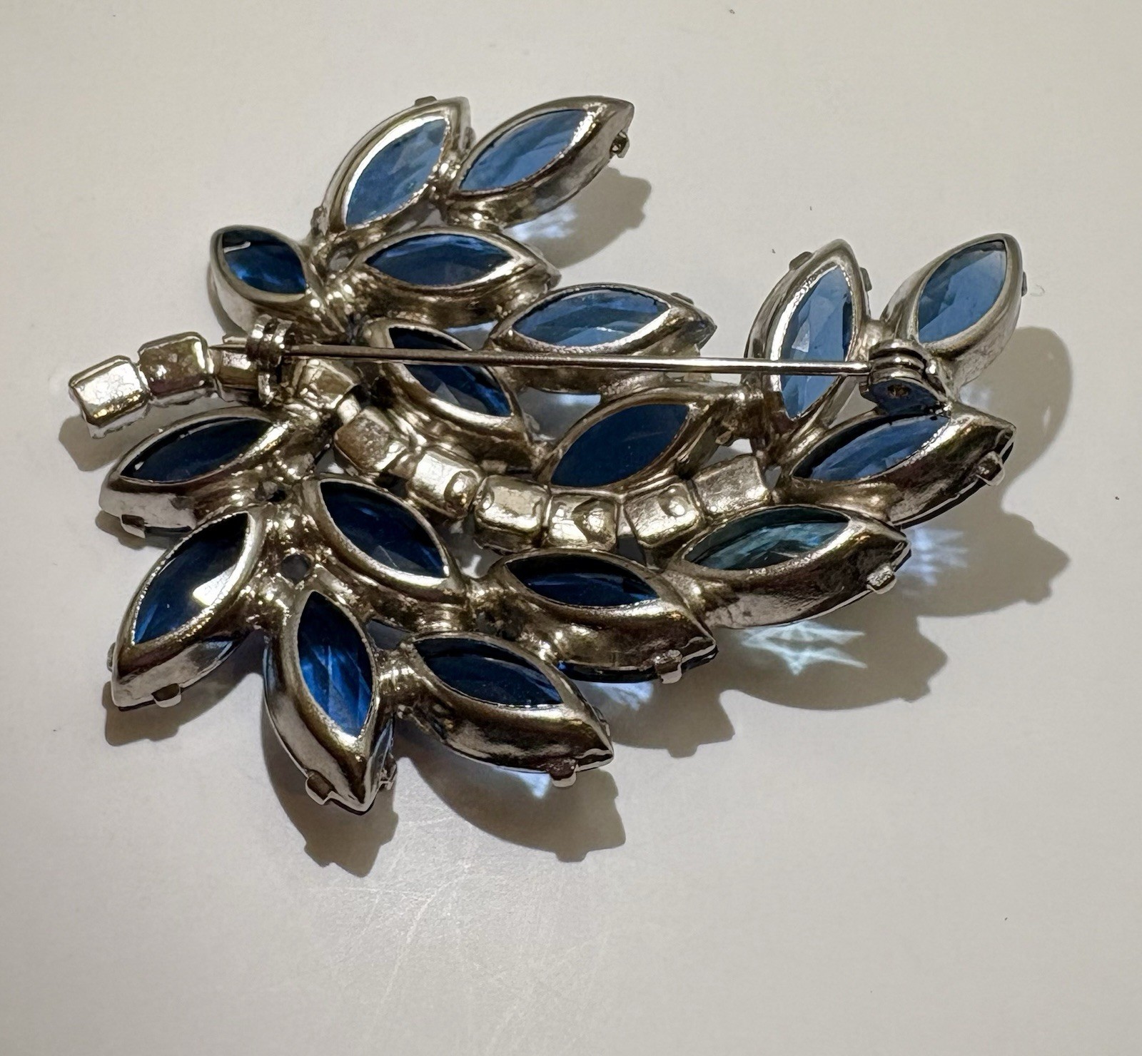 Vintage Blue Navette Rhinestone Brooch Silvertone Floral Spray Juliana Style
