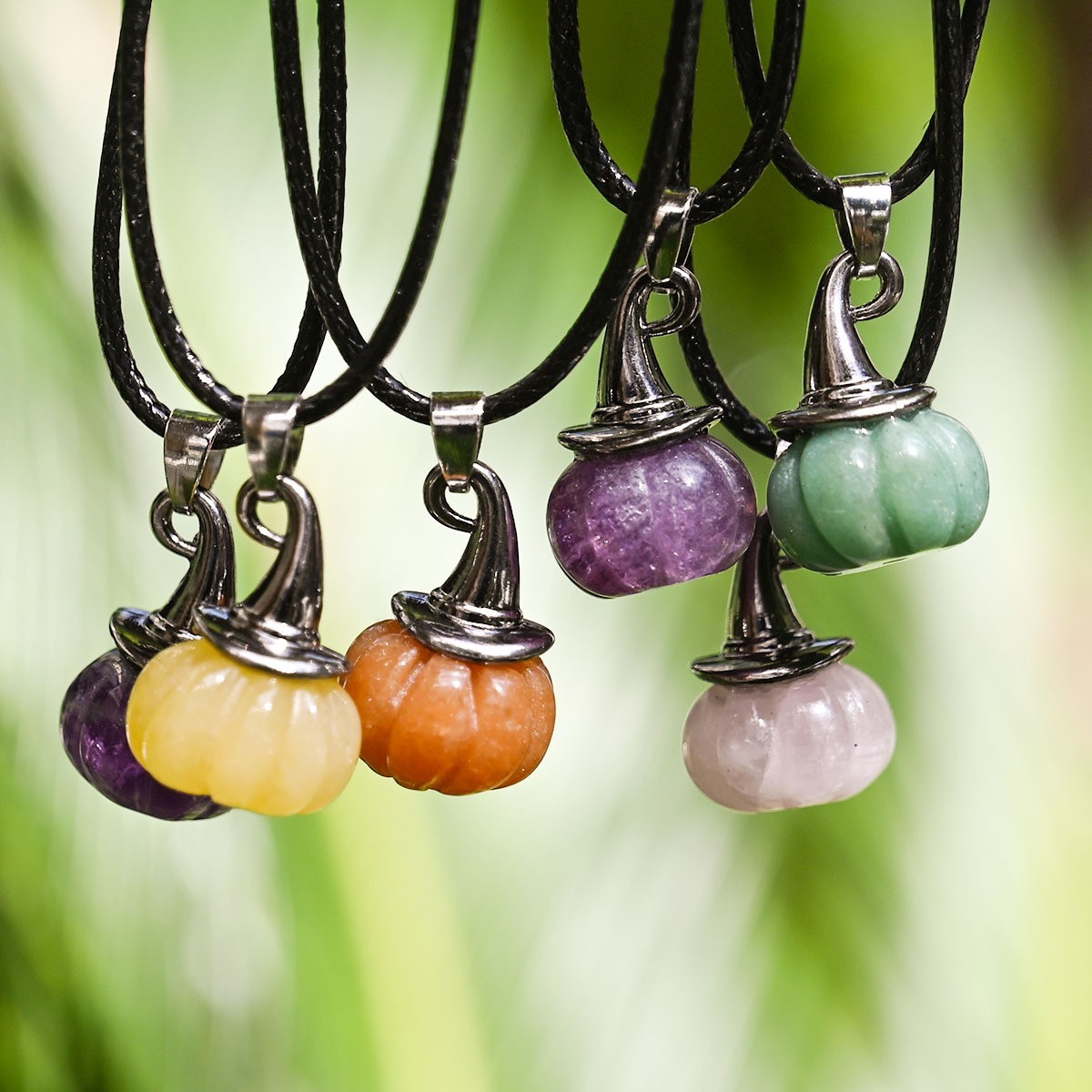 6Pcs Mixed Natural Stone Pumpkin pendant Necklace 17.5inch