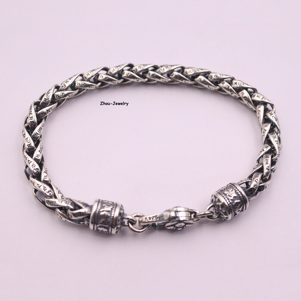 Solid S925 Sterling Silver Chain 6mm Cross Wheat Link Bracelet 34-35g 7.9inch