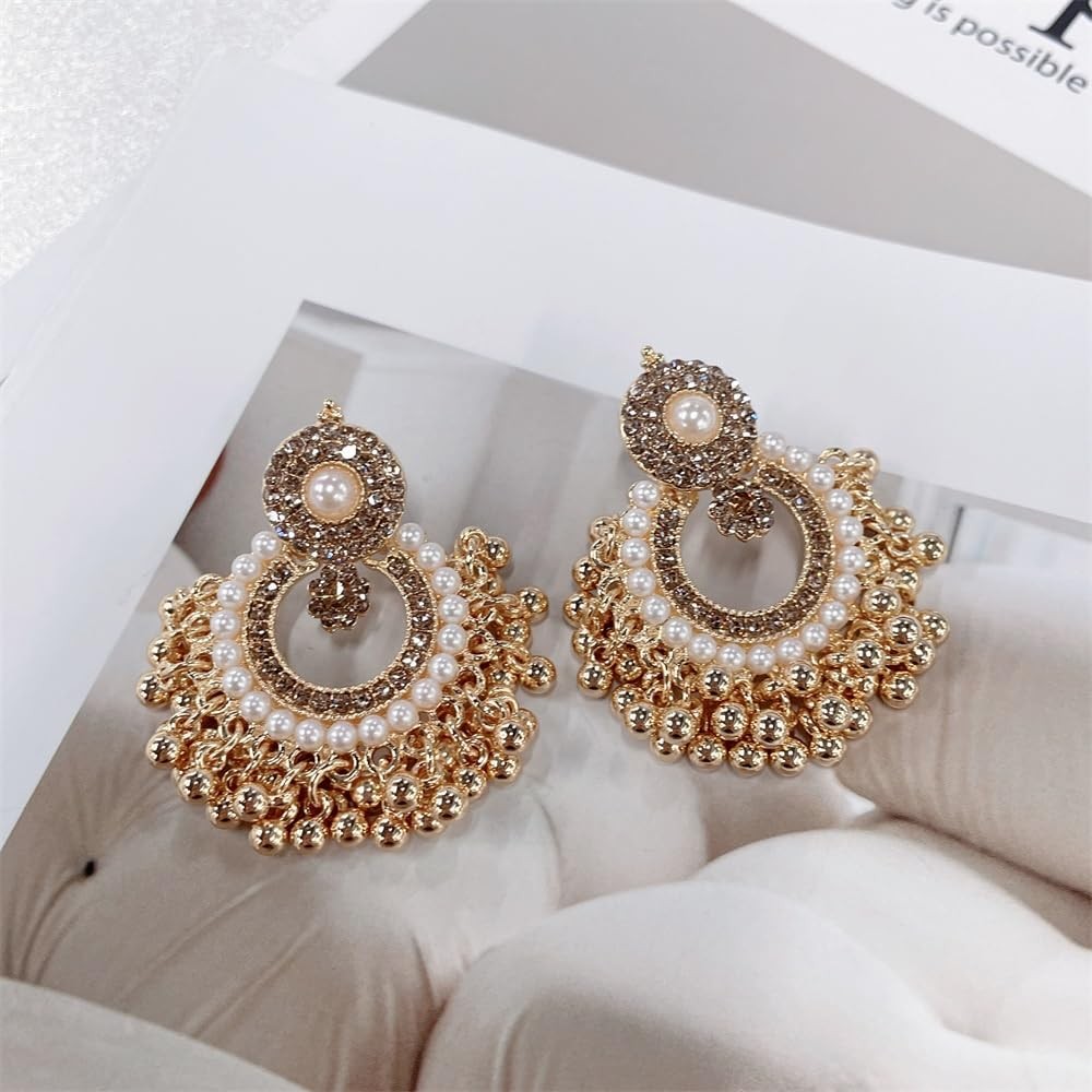 Vintage Beaded Tassel Dangle Drop Earrings Statement Boho CZ Simulated