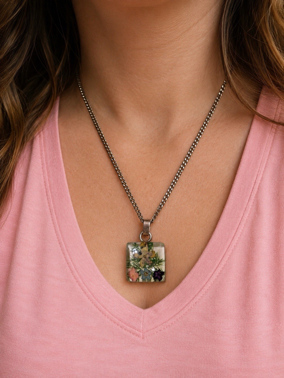 Square Floral Charm Pendant Necklace Silver-Tone Metal Box Chain