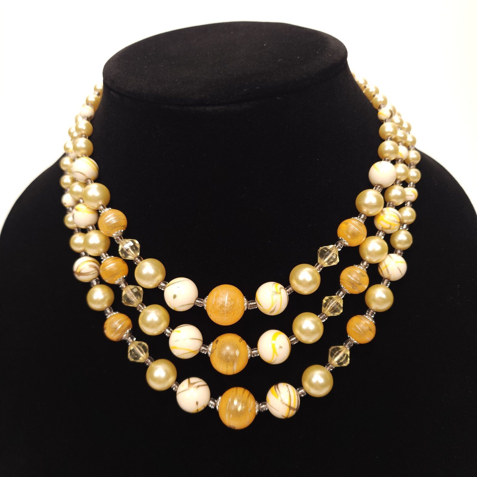Vintage Beaded Necklace Japan Orange Cream Champagne Swirl Multi Strand Collar