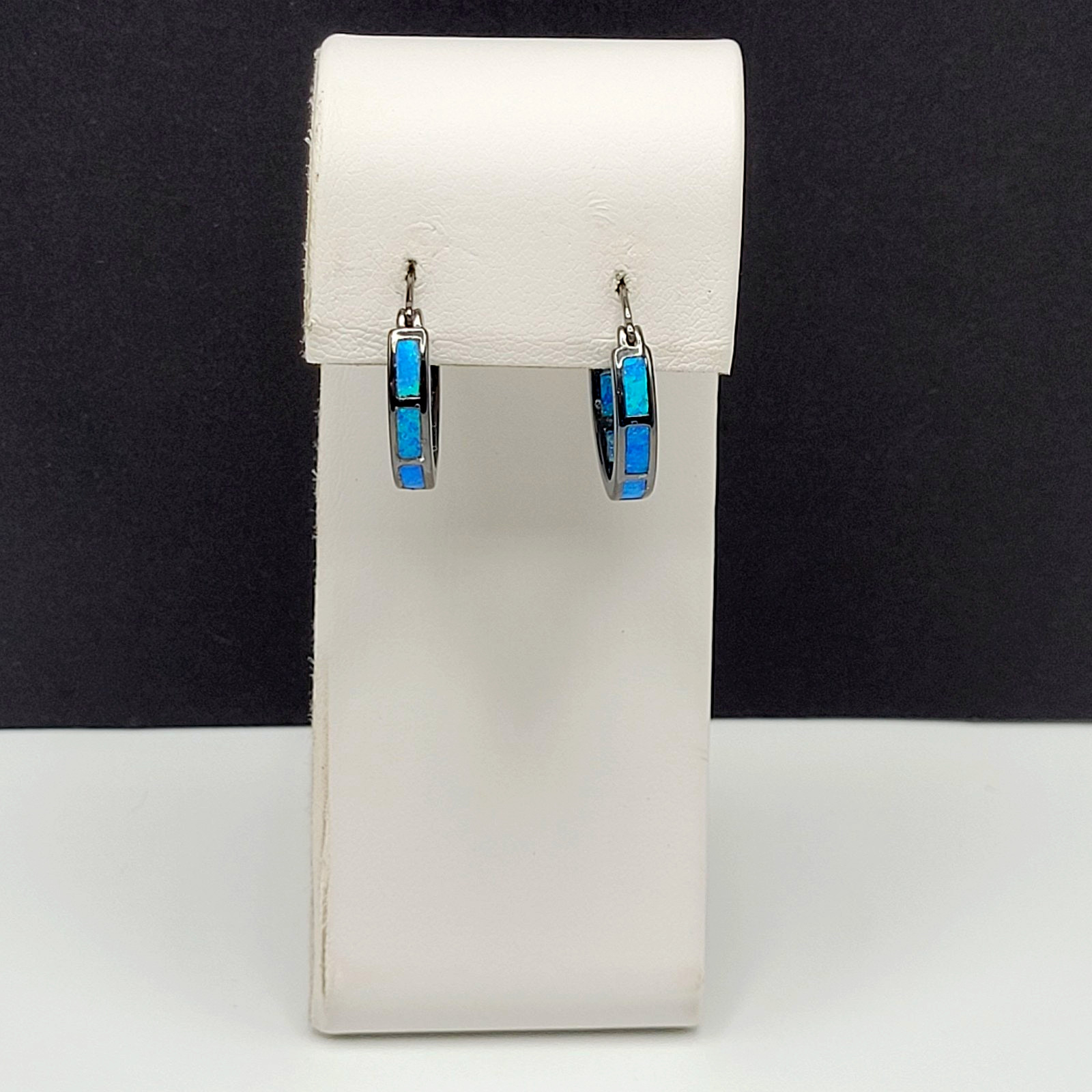 Blue Shade Opal Lab Created Inlay Dark Gunmetal Tone Small Hoop Pierced Earrings