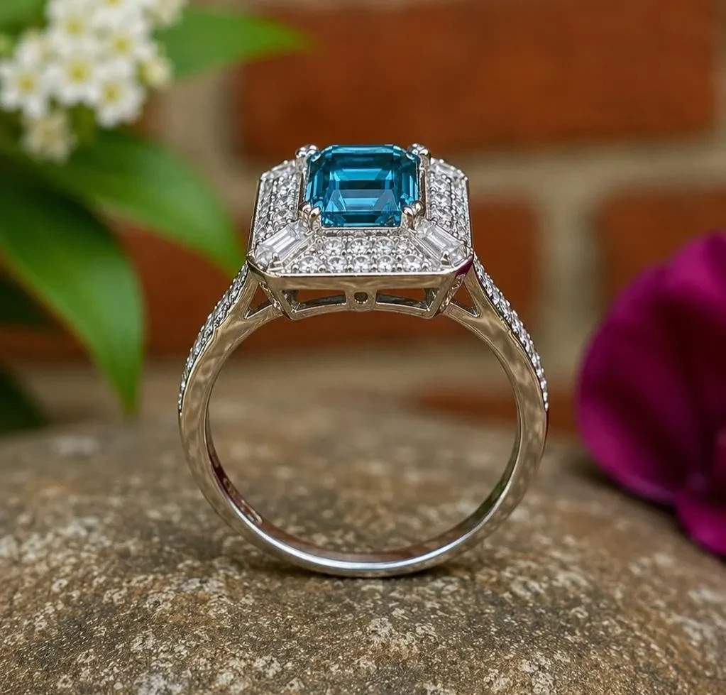 2.50Ct Emerald Lab Created Blue Topaz Halo Engagement Ring 14K White Gold Plated
