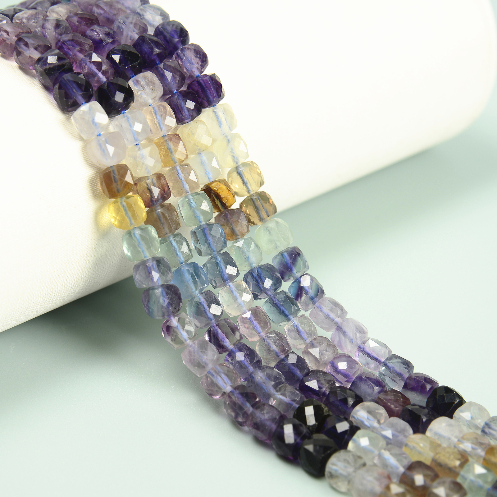 Natural Gradient Rainbow Fluorite Faceted Cube Beads Size 6mm 15.5” Strand