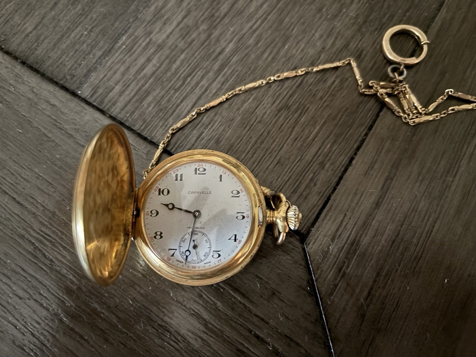 Vintage Bulova Caravelle Pocket Watch & Chain Ancre de Precision Gold Tone WORKS