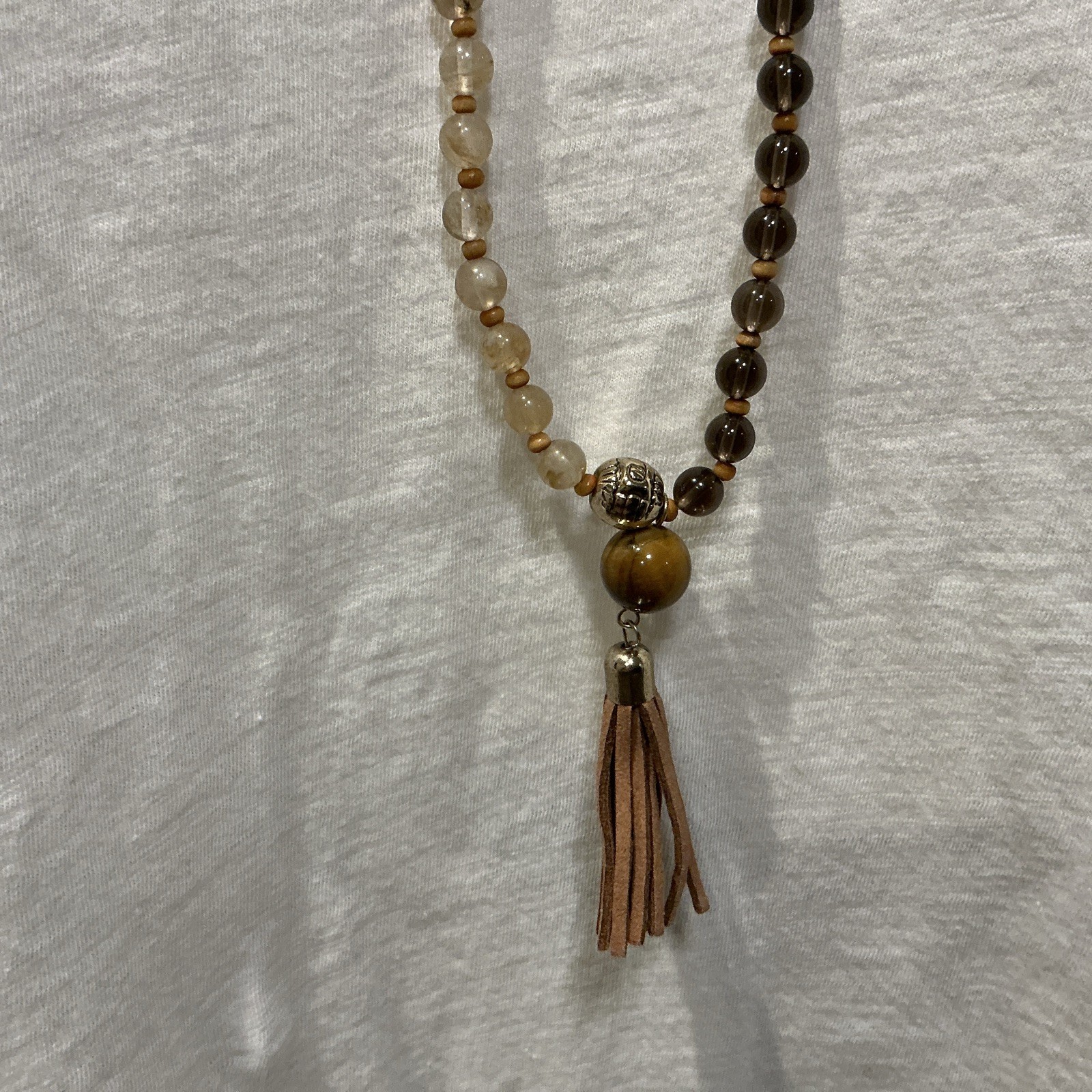 Marlyn Schiff Brown, Beige, Sage Natural Stone Necklace Faux Leather Tassel