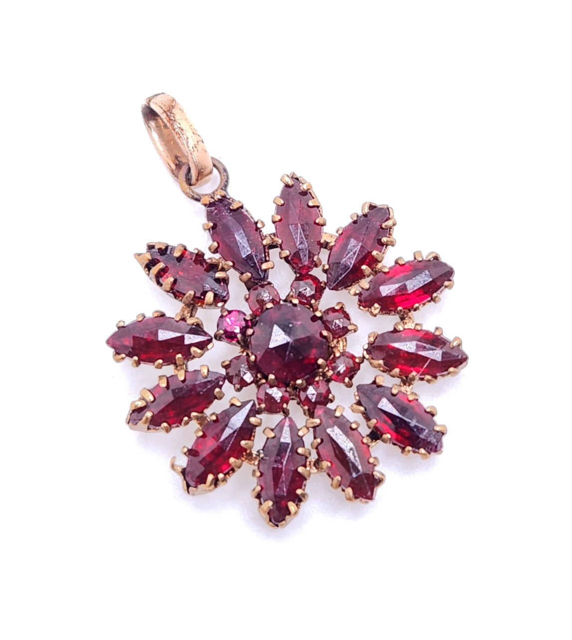Vintage Gilt Metal Bohemian Red Glass Stone Starburst Floral Pendant 1 3/8″ Tall