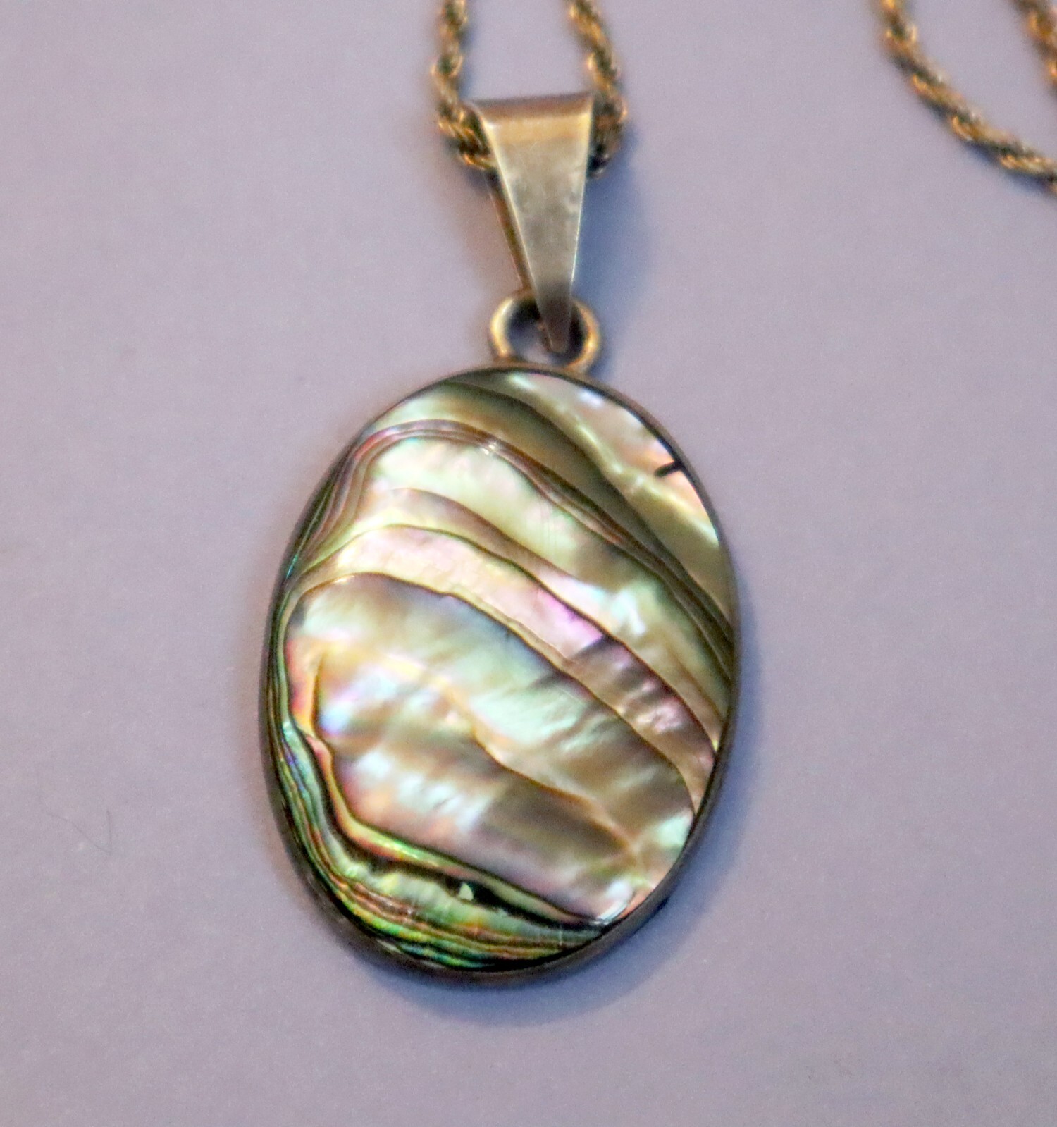 Large Vintage Abalone Shell Pendant Necklace Set Sterling Silver 20.5 in Chain