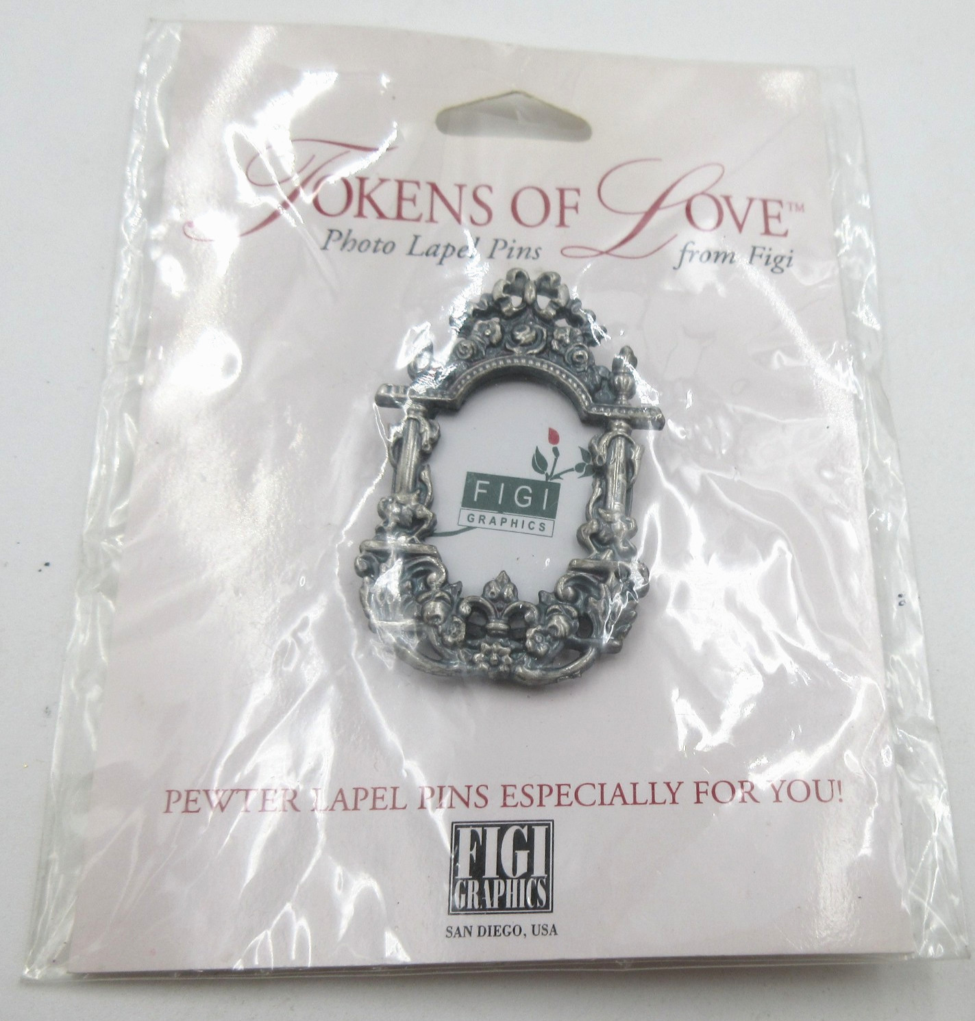 VTG 1990S TOKENS OF LOVE FM FIGI FLOWER PHOTO FRAME Brooch Pin black Silver tone