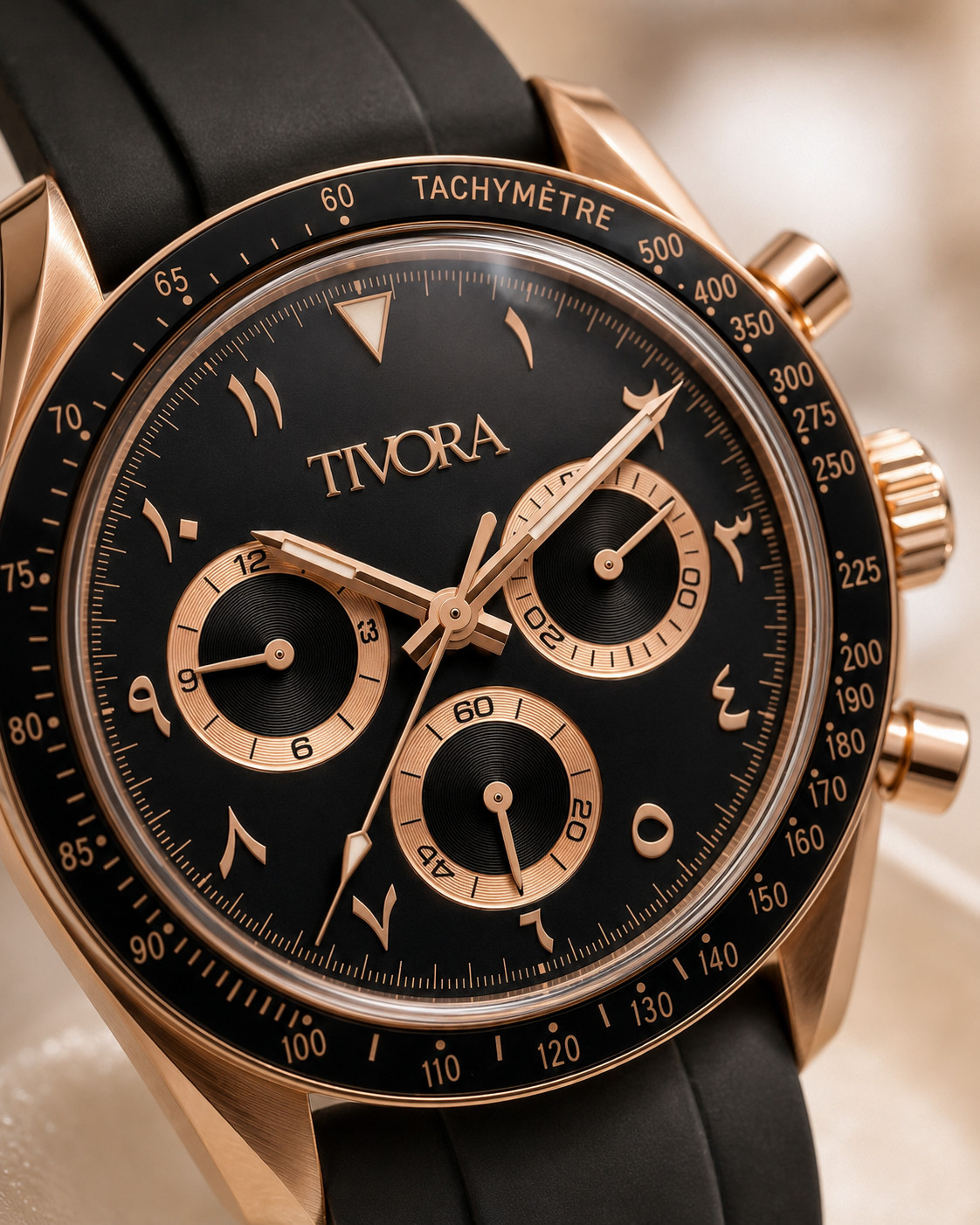 TÍVORÁ Veyron Rose Steel Onyx Dial Rubber V2 – Custom Branded Automatic Chronogr