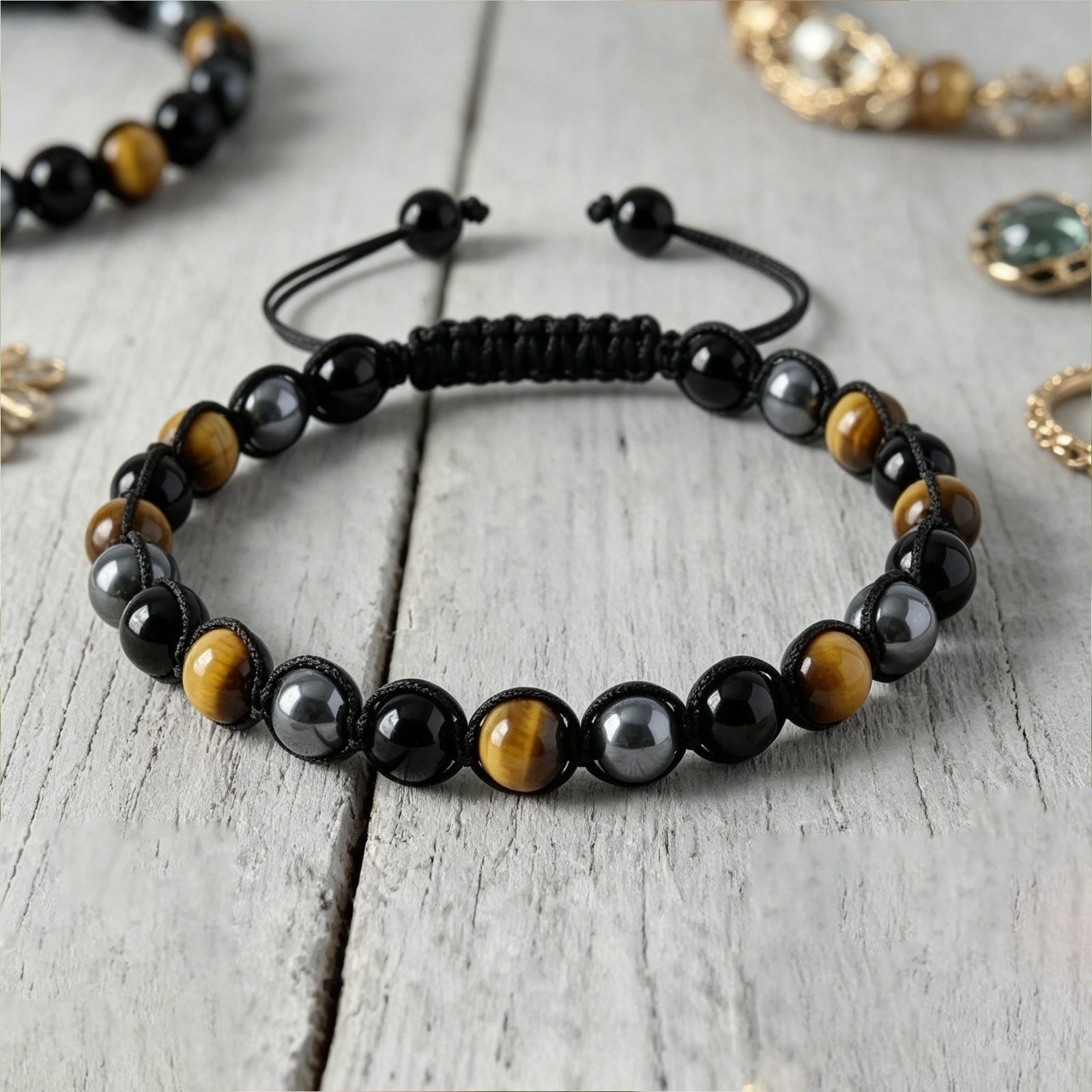 Natural Tiger Eye Obsidian & Hematite Beaded Men’s Triple Protection Bracelet