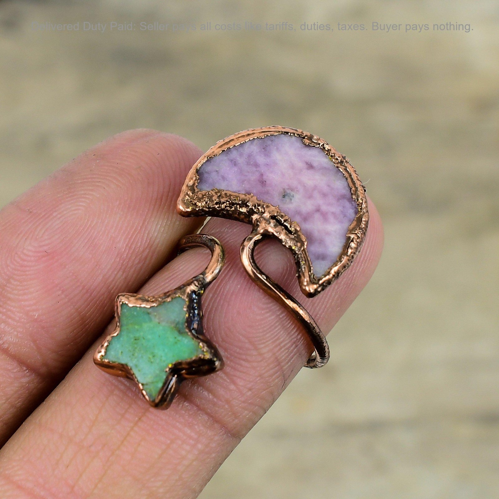 Copper Pink Tourmaline Gemstone Chrysoprase Stackable Electroformed Ring Jewelry