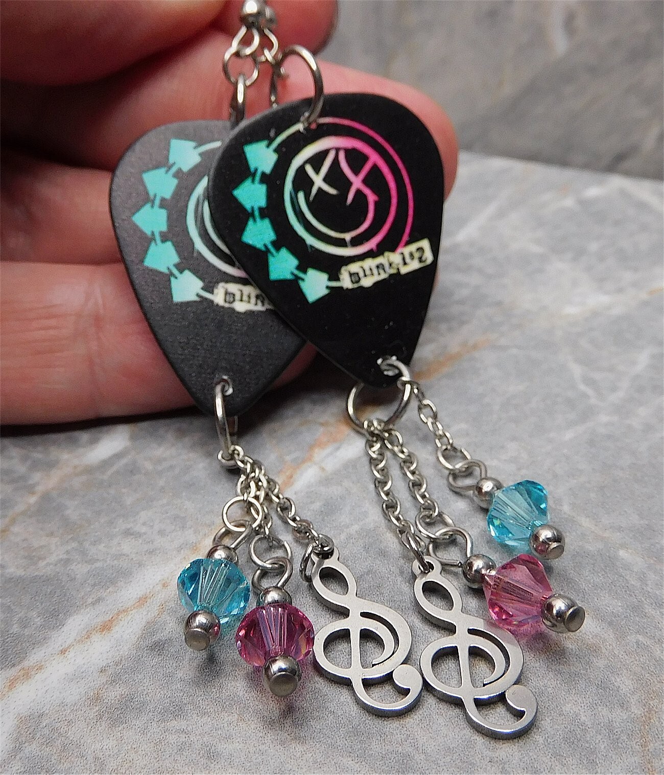 Blink 182 Self Titled Album Black Guitar Pick Earrings with Swarovski Dangles