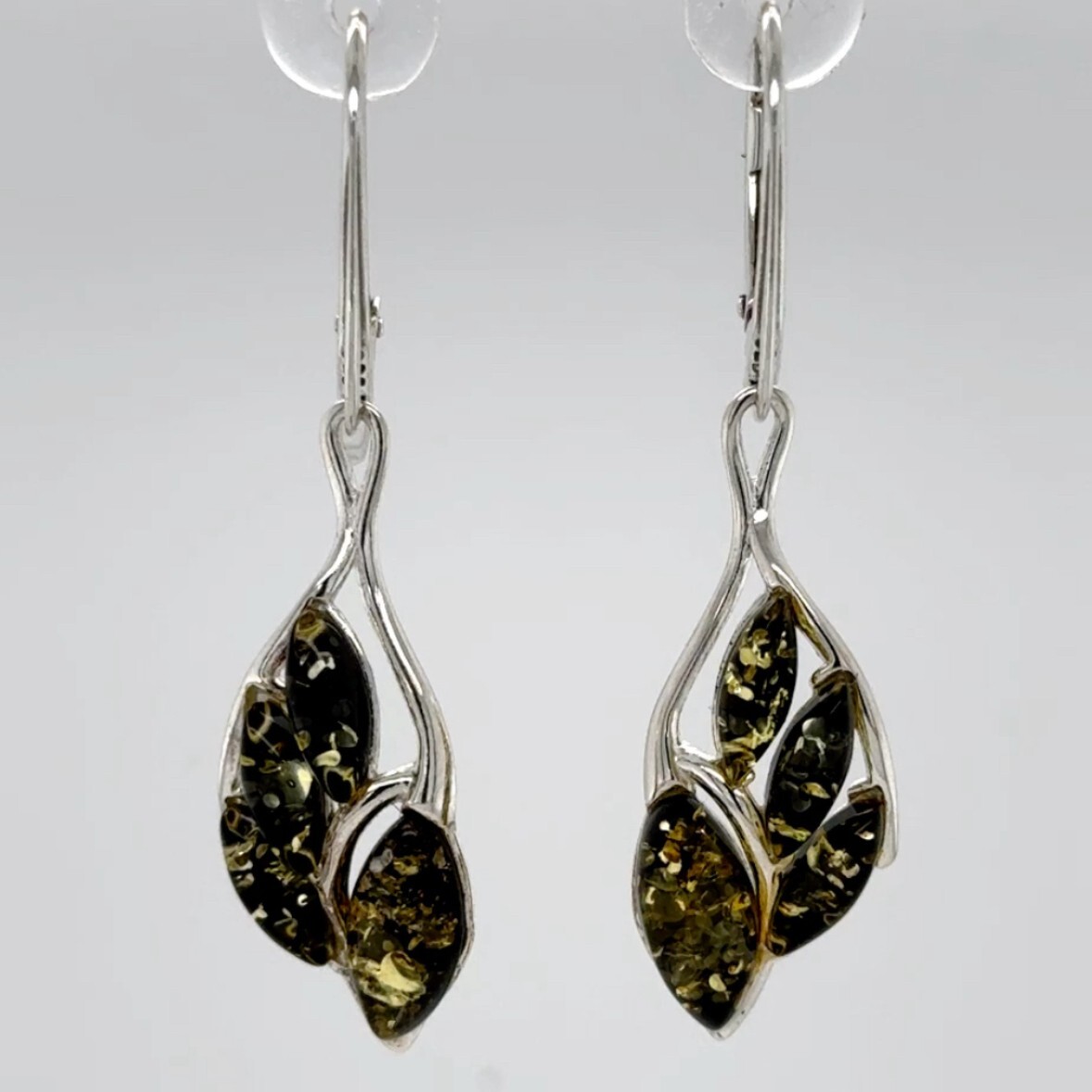 Green BALTIC AMBER Dangle Leveback Earrings 925 STERLING SILVER Poland #3629