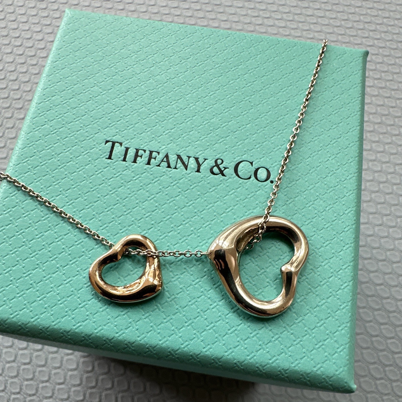 Tiffany & Co. Elsa Peretti Open Double Heart Gold Silver Pendant Necklace $1400