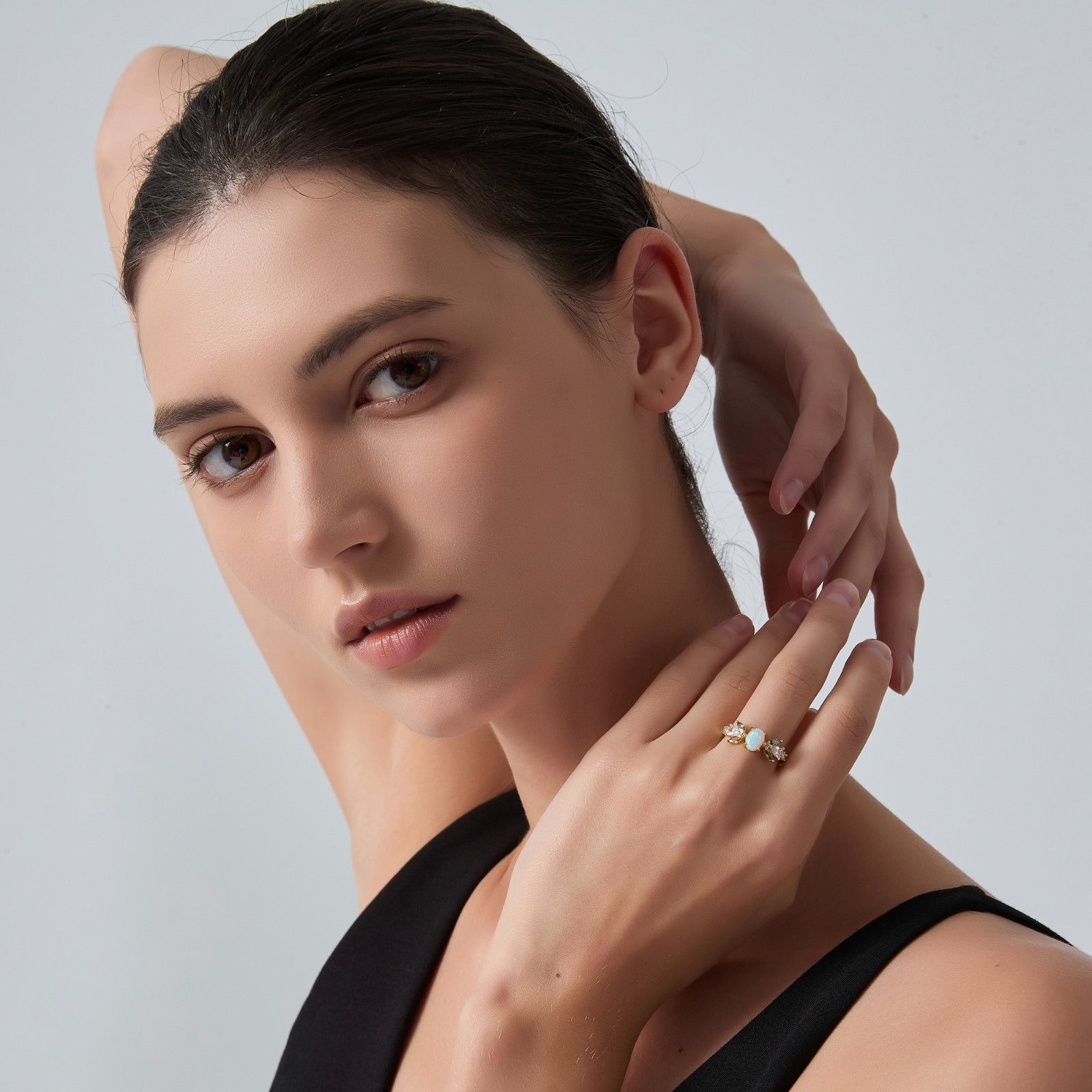 Oval Opal Olive Leaf Stacking Ring in 925 Sterling Silver
