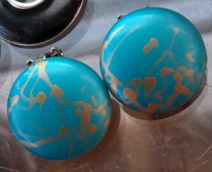 Vintage Costume Earrings Lot 5 Pairs Clip On Screw Back Faux Pearl Teal Enamel