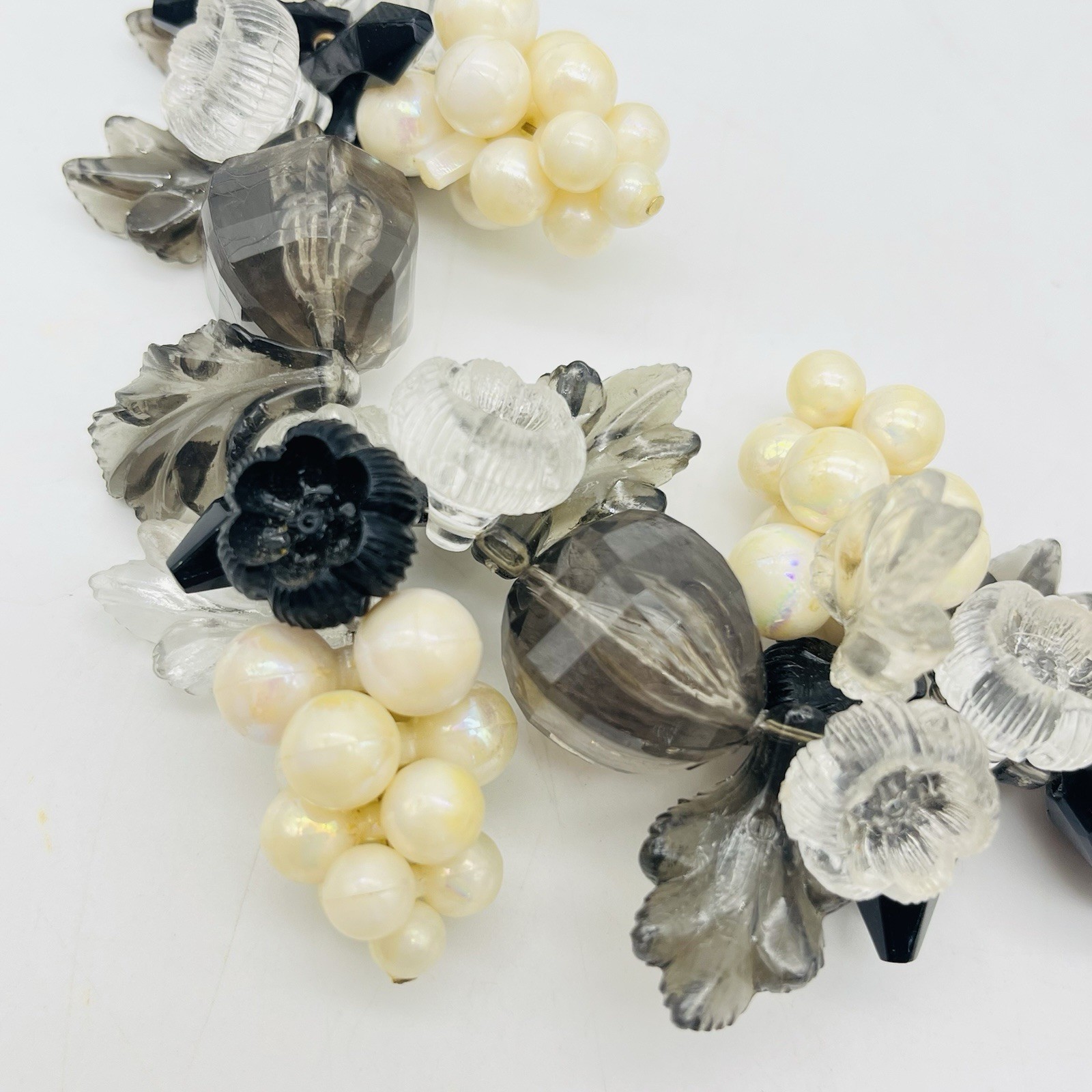 Chunky Black Cream Necklace Grape Cluster Leaf Lucite Floral Bib Statement