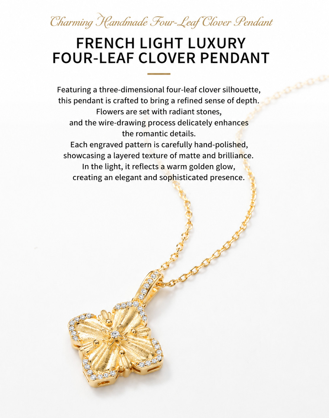 10K Gold Plated 925 Sterling Silver Four Leaf Clover Pendant with Optional Chain