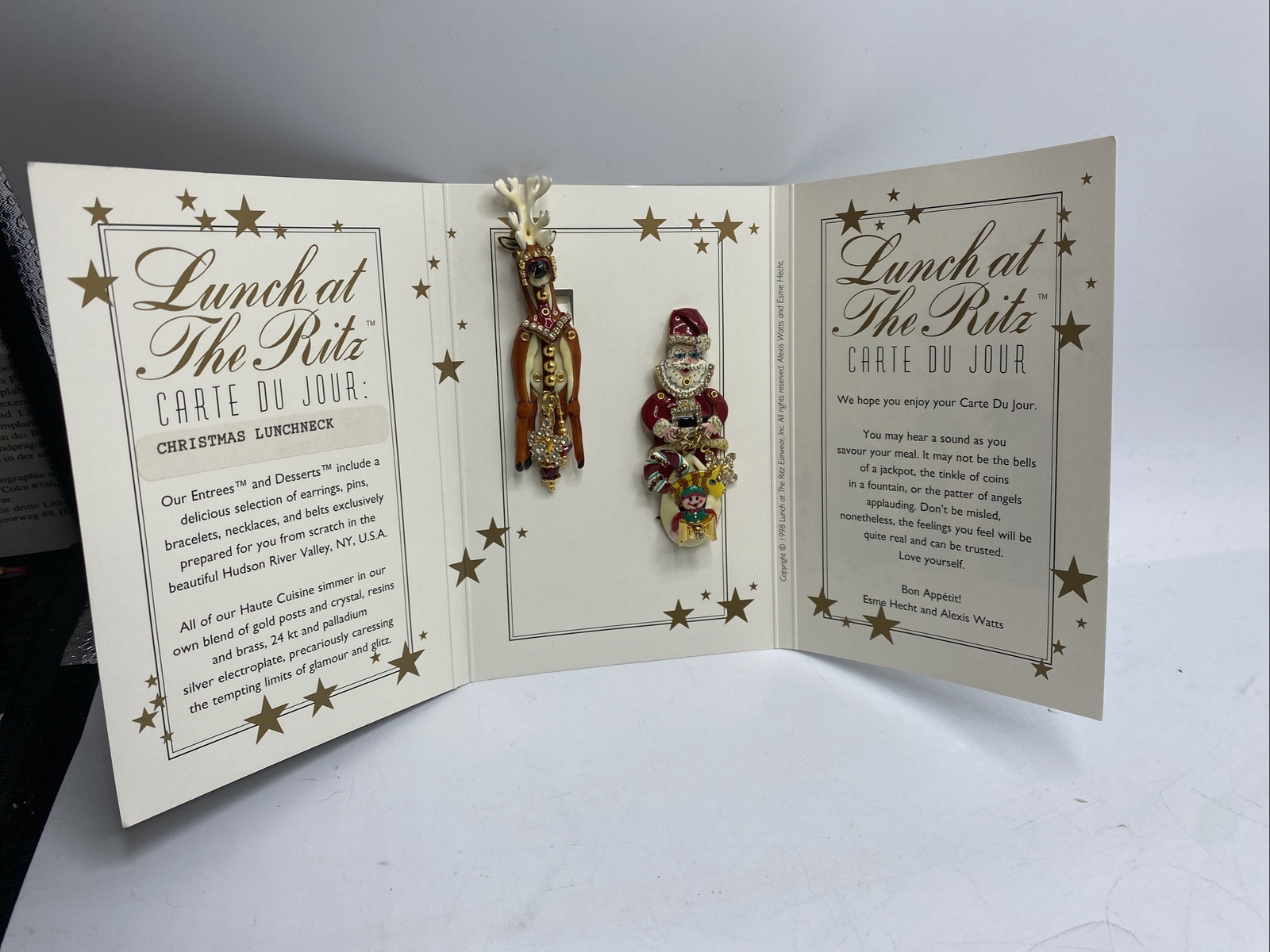 Lunch at the Ritz christmas lunchneck clip-On Earrings reindeer santa on card ah