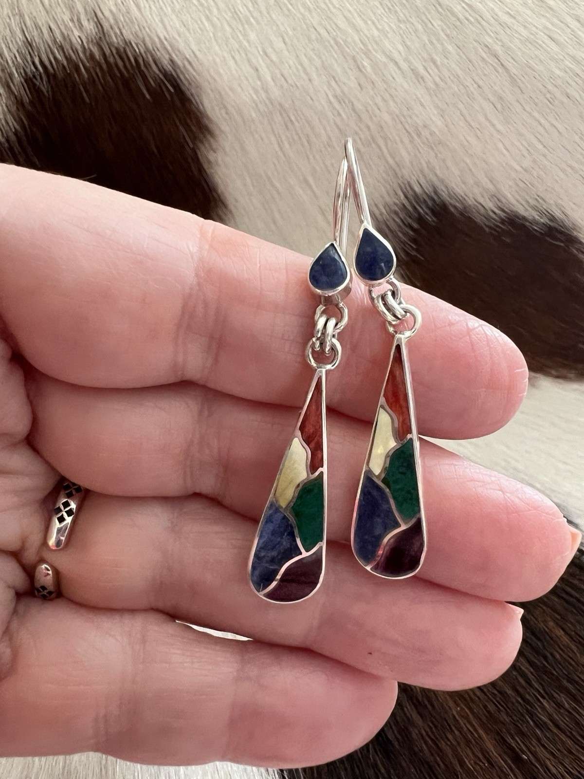 WOW Peruvian Inca Inlaid Turquoise Spiny MOP Lapis Dangle 950 Silver Earrings