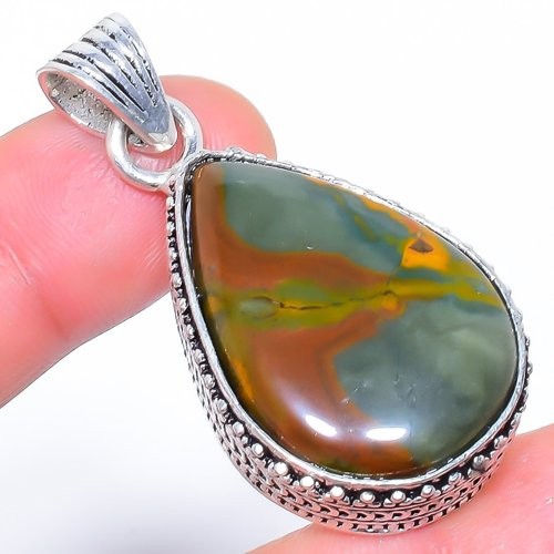 Natural Polychrome Jasper Gemstone 925 Silver Plated Jewelry Pendant 1.8″ M159