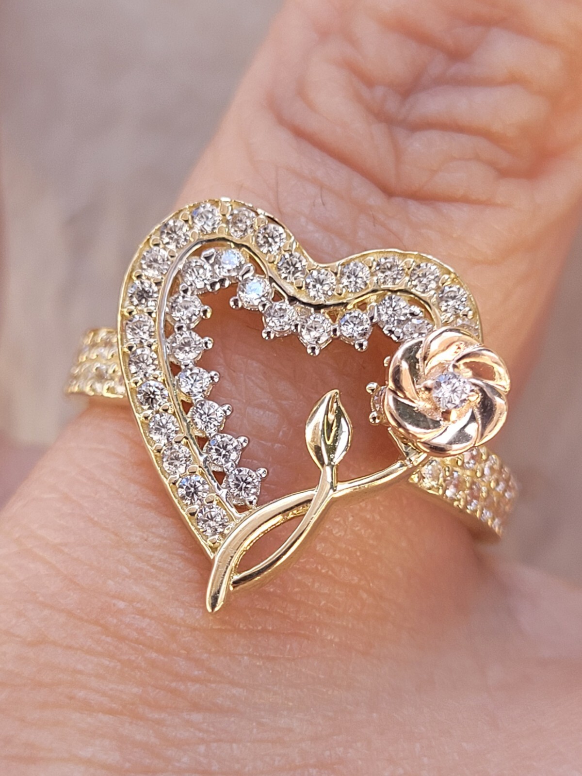 Big Solid 14k rose yellow Gold flower Heart ring size 6789 10