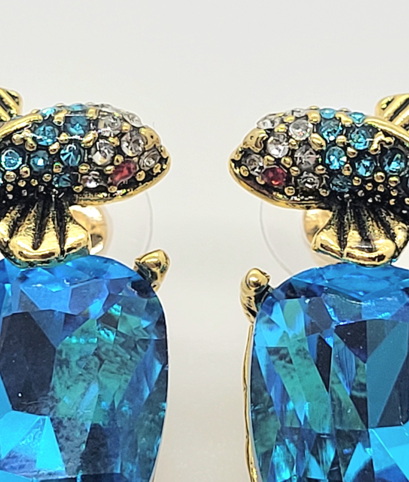Koi Fish Earrings VTG Gold Fish BLUE Crystal Nouveau Ornate Art Deco CZ Cluster