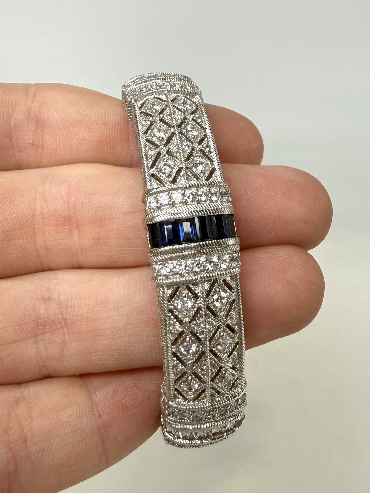 Judith Ripka 925 Sterling CZ Blue Sapphire & Diamonique Cuff Bracelet (J-450)