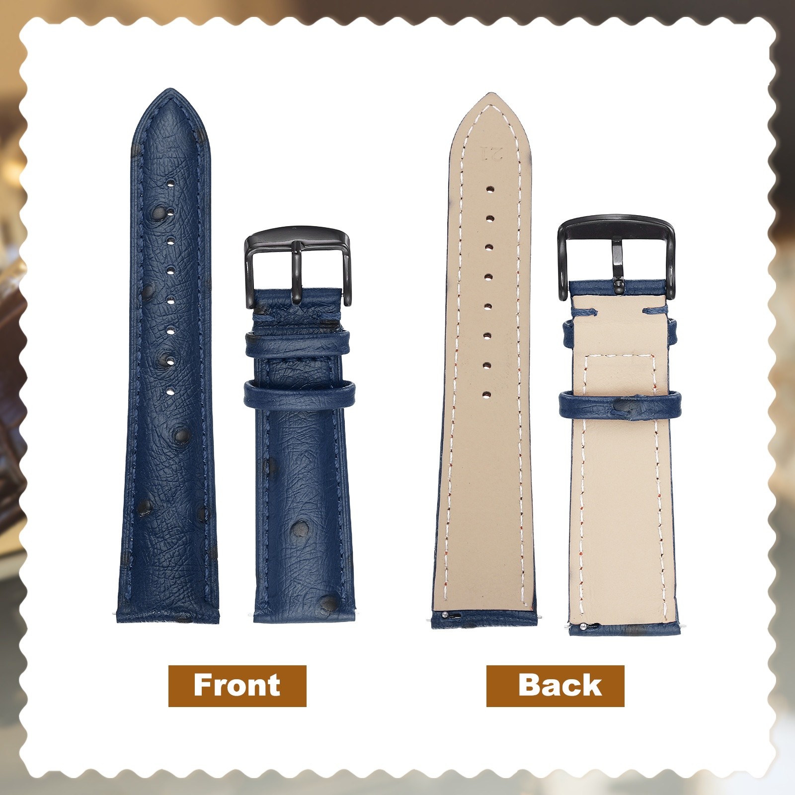 Leather Watch Band 0.83″ 21mm Top Grain Leather Watch Strap Black-Blue