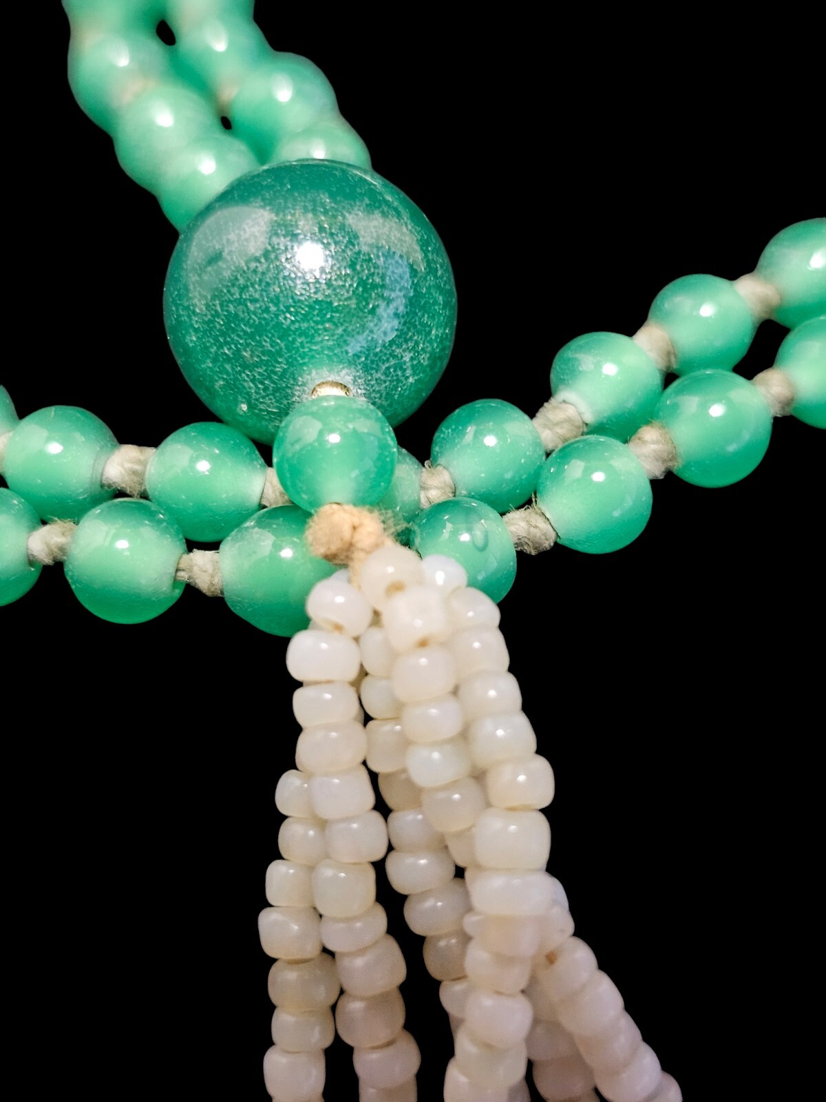 Antique 1920-30s Art Deco Sautoir Green White Uranium Glass Bead Tassel Necklace