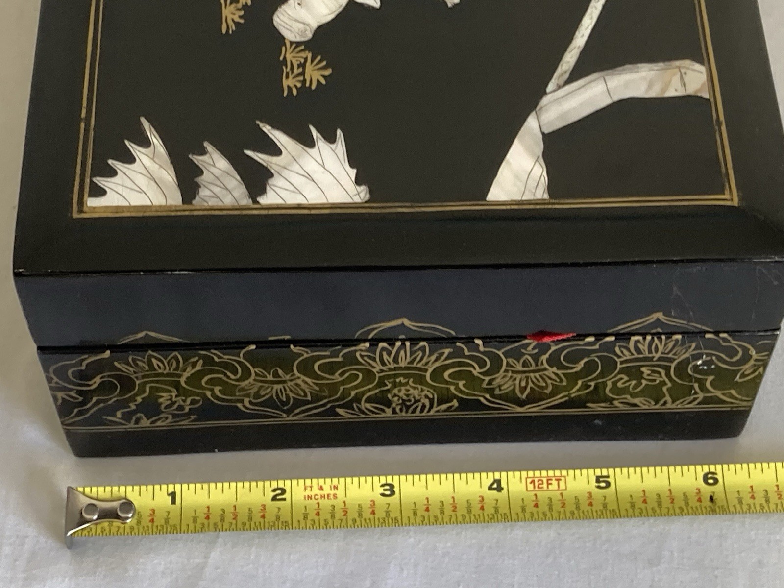 Mid Century Black Lacquer Asia MOP Inlaid Jewelry Box With Removable Tray