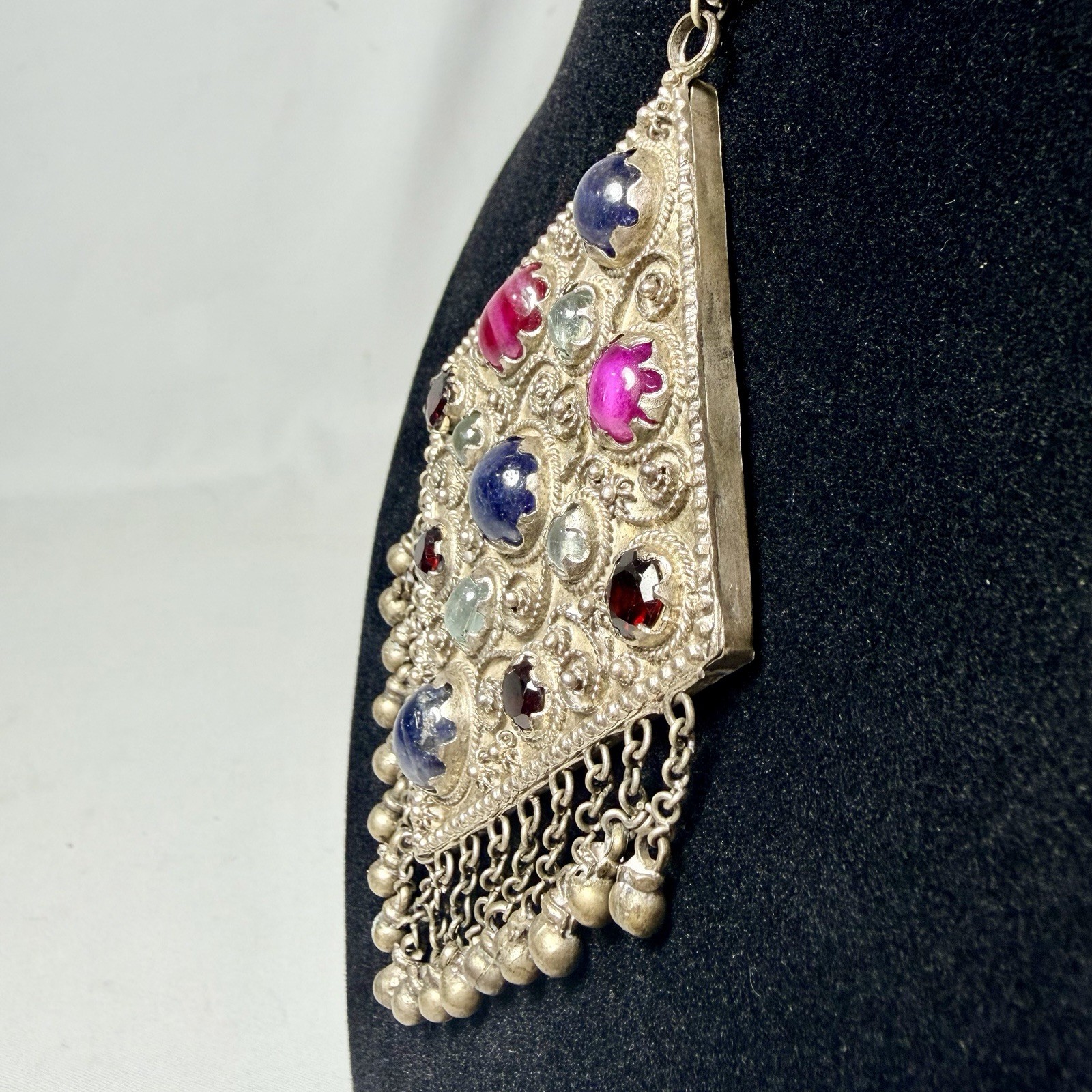 Vintage Kuchi Tribal Pendant Intricate Metalwork Adorned Colored Cabochons