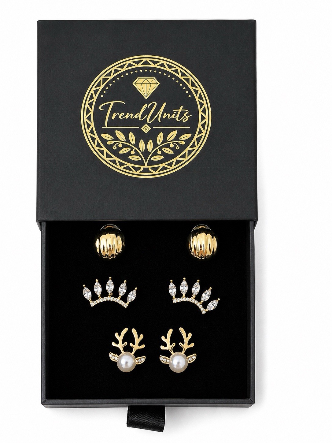 3 Pairs Gold Tone Stud Earrings Set Pearl Crown Rhinestone Gift Box Included