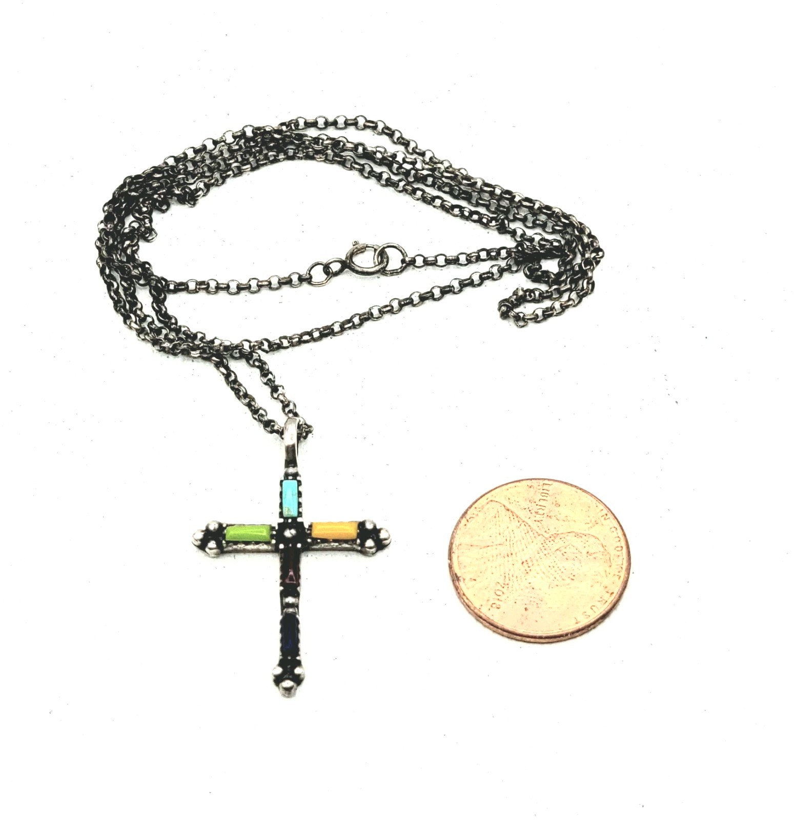 Sterling Silver Cross Pendant Multi-colored Stone Inlays On 20″ Long Chain