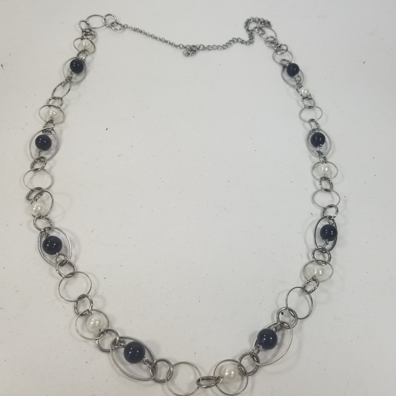 SIlver Tone Beaded Open Circle Oval Chain Link Long Necklace