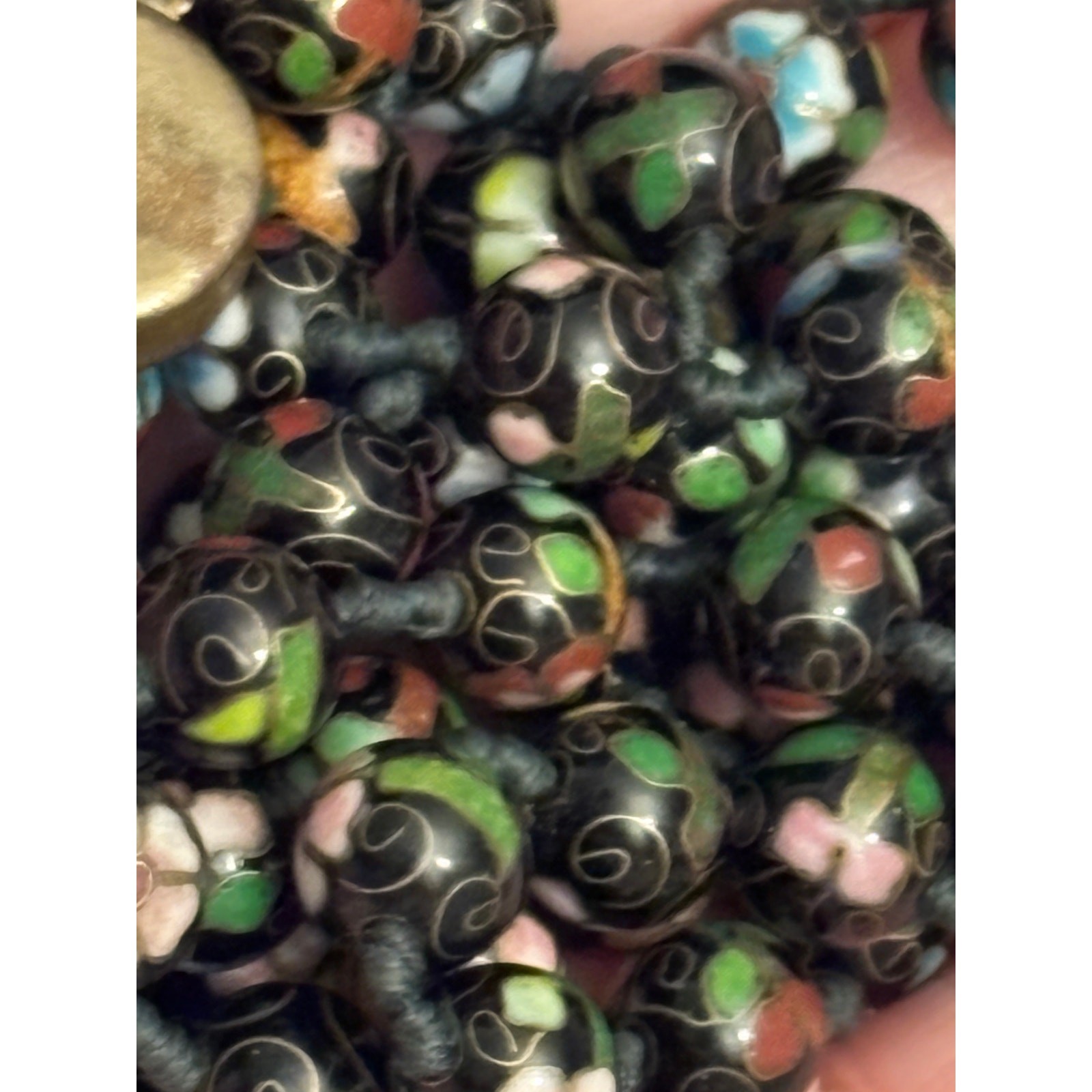 Vintage Chinese Cloisonne Bead Necklace 30in Double Knotted Silk 8mm