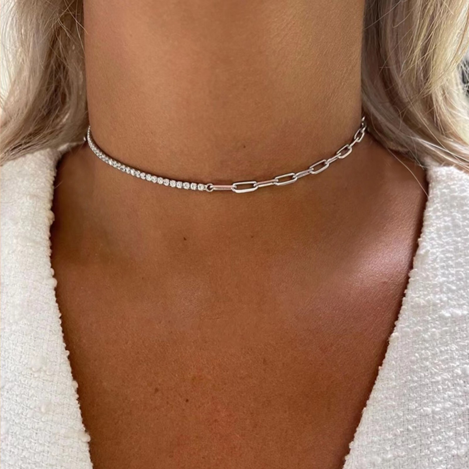 14K Gold Plated 5A Cubic Zirconia Paperclip Chain Tennis Jewelry Sets for Women
