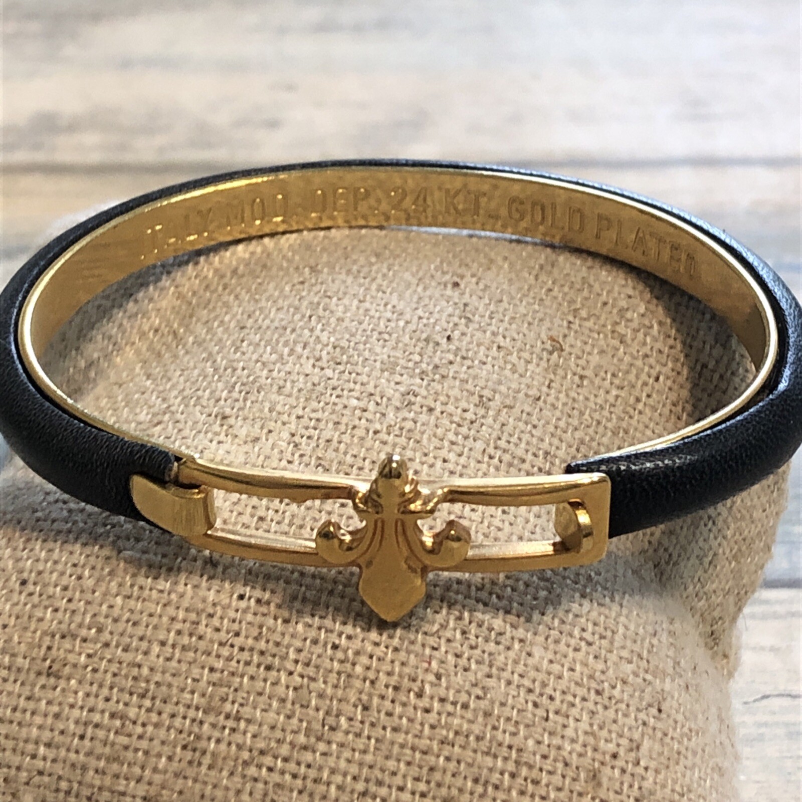 Fleur de Lis 24k Plated Italy Bracelet Blue Calf Skin Leather Hook Bangle