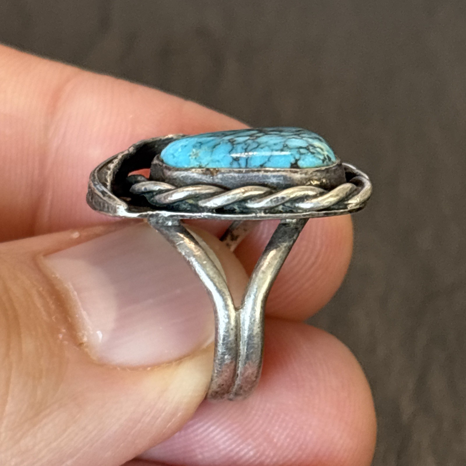 LY YL Navajo Vintage Ring Intense Turquoise Size 5.5 Sterling Silver