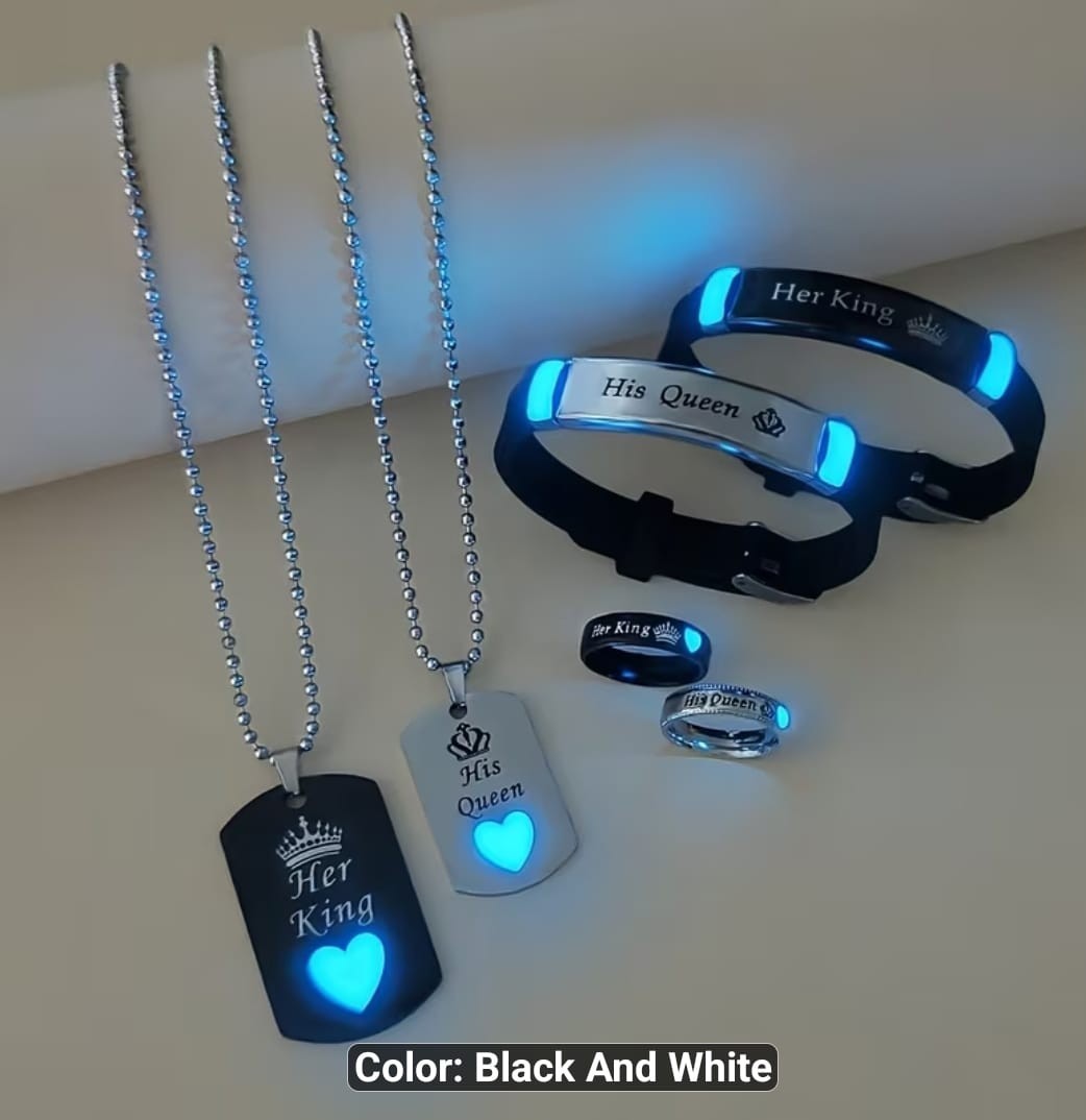 6 pcs /set of Luminous Heart and Crown Pattern Couple Necklace,Ring Bracelet