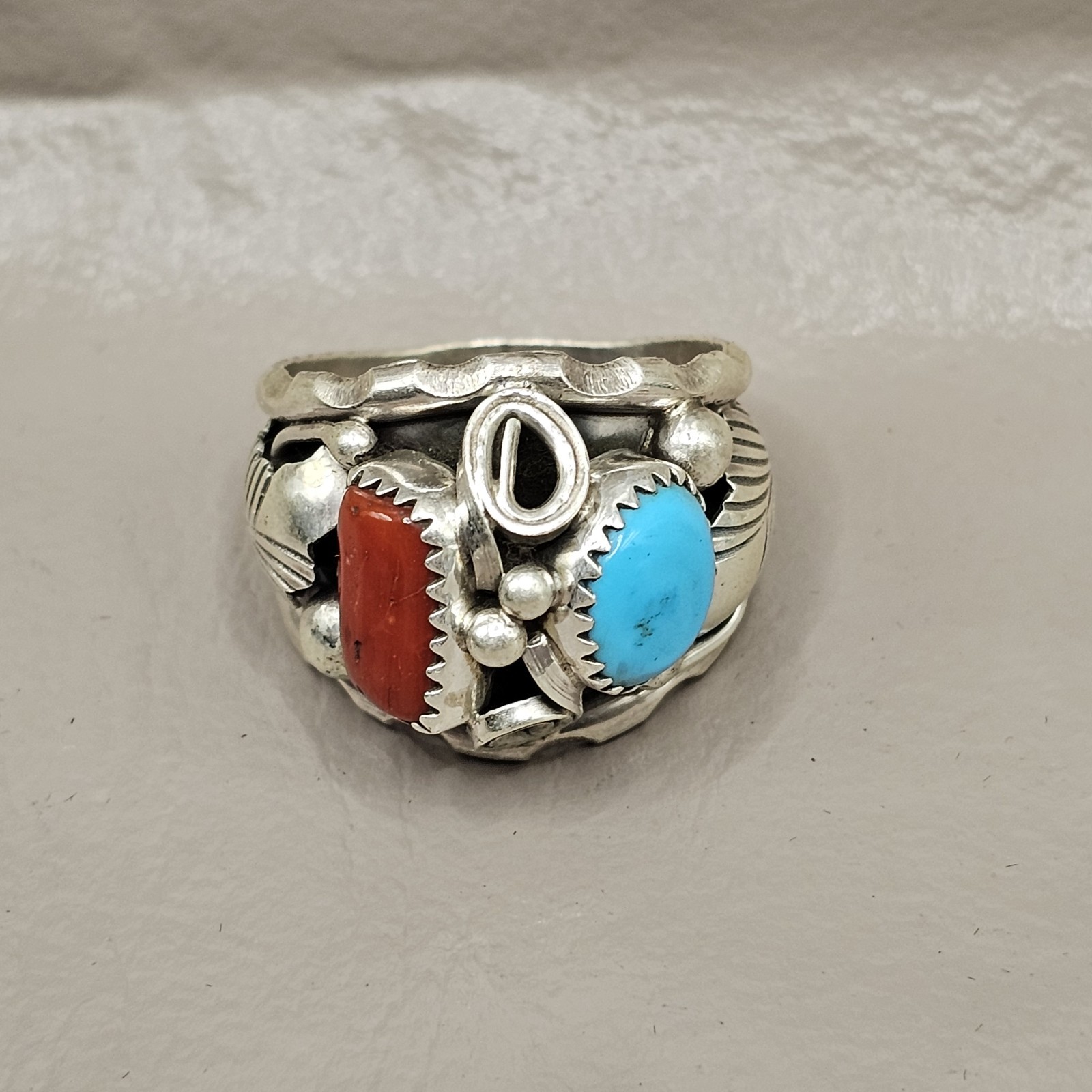 NEW! Navajo Made Sterling Silver Turquoise And Coral Ring Size 9.75-Signed