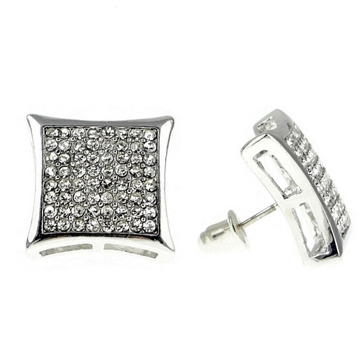 Mens Huge Curve Kite Iced Silver Tone 8 Rows Large Simulated CZ 17 mm Earrings