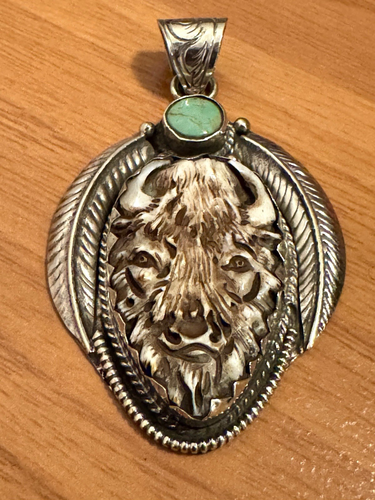 Hand Carved Bone Pendant,Bison Art,Auspicious Floral Carving,Turquoise & Silver