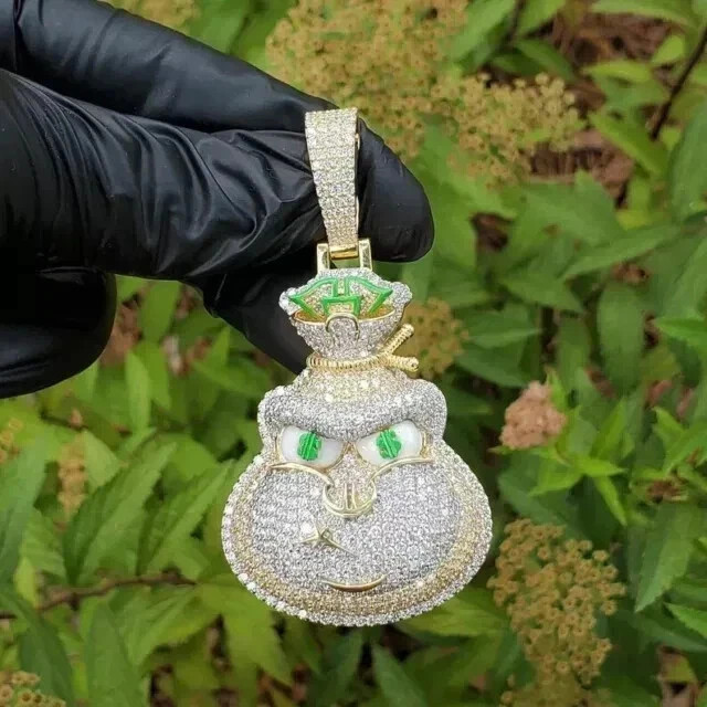 2.50Ct Round Cut Real Moissanite Custom Money Bag Pendant 925 Sterling Silver