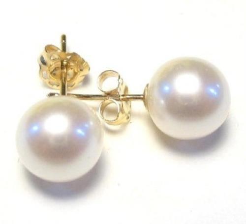 8.5-9.0mm Authentic AAA Japanese Akoya White Pearl Earring Studs in 14K Gold