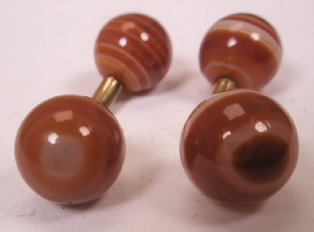 Banded Agate Ball-Ends Gold Plated Double Sided Vintage SMALL Cuff Links d143