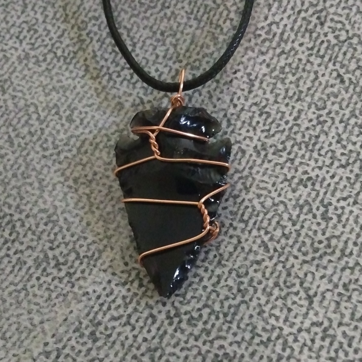 Black Cord Necklace Copper Wire-Wrapped Arrow head Charm Pendant Lobster Clasp